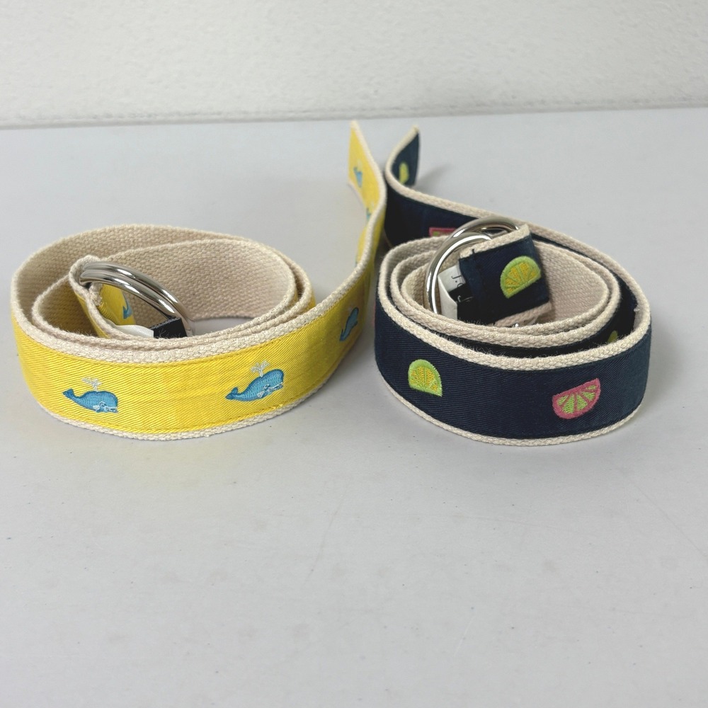 J Crew D-Ring Canvas Belt Womens S/M Yellow Whale Navy Citrus Embroidered Y2K